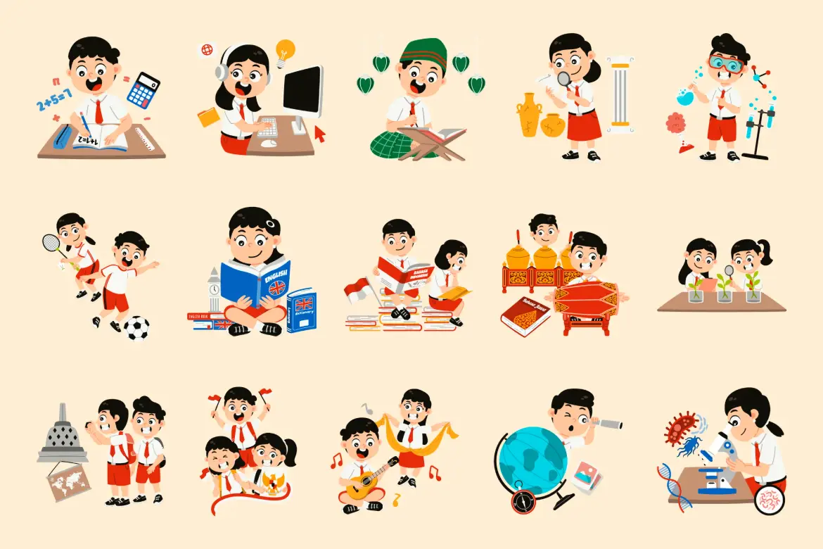 25个卡通课堂教育主题矢量插图包学科场景PNG/AI素材