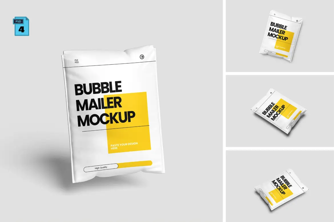 4套气泡膜快递包装袋展示样机PSD模版电商物流包裹设计效果图素材