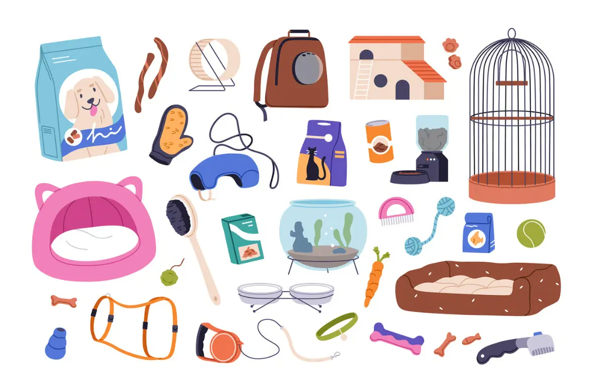 55个宠物用品玩具食品矢量图集PNG素材猫狗主题扁平插画设计元素