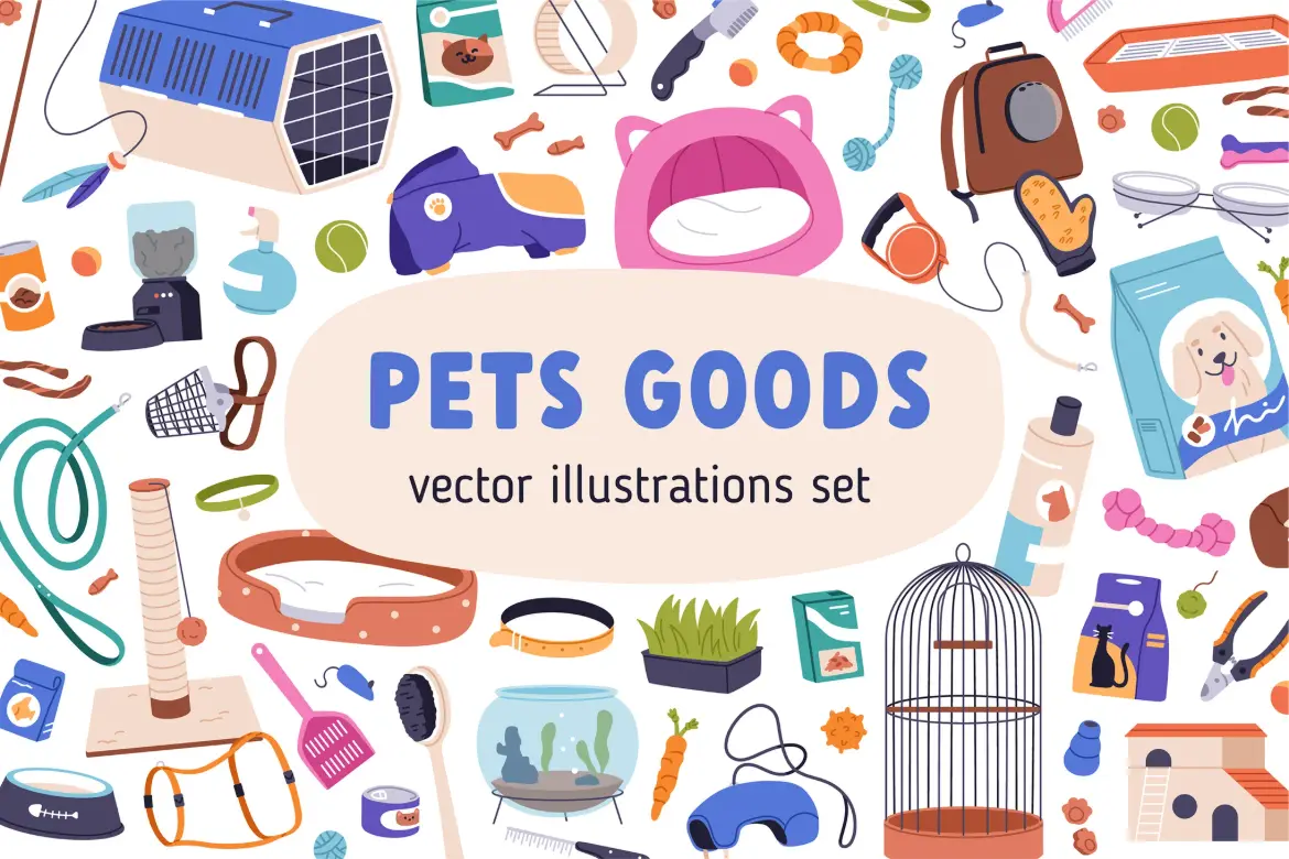 55个宠物用品玩具食品矢量图集PNG素材猫狗主题扁平插画设计元素