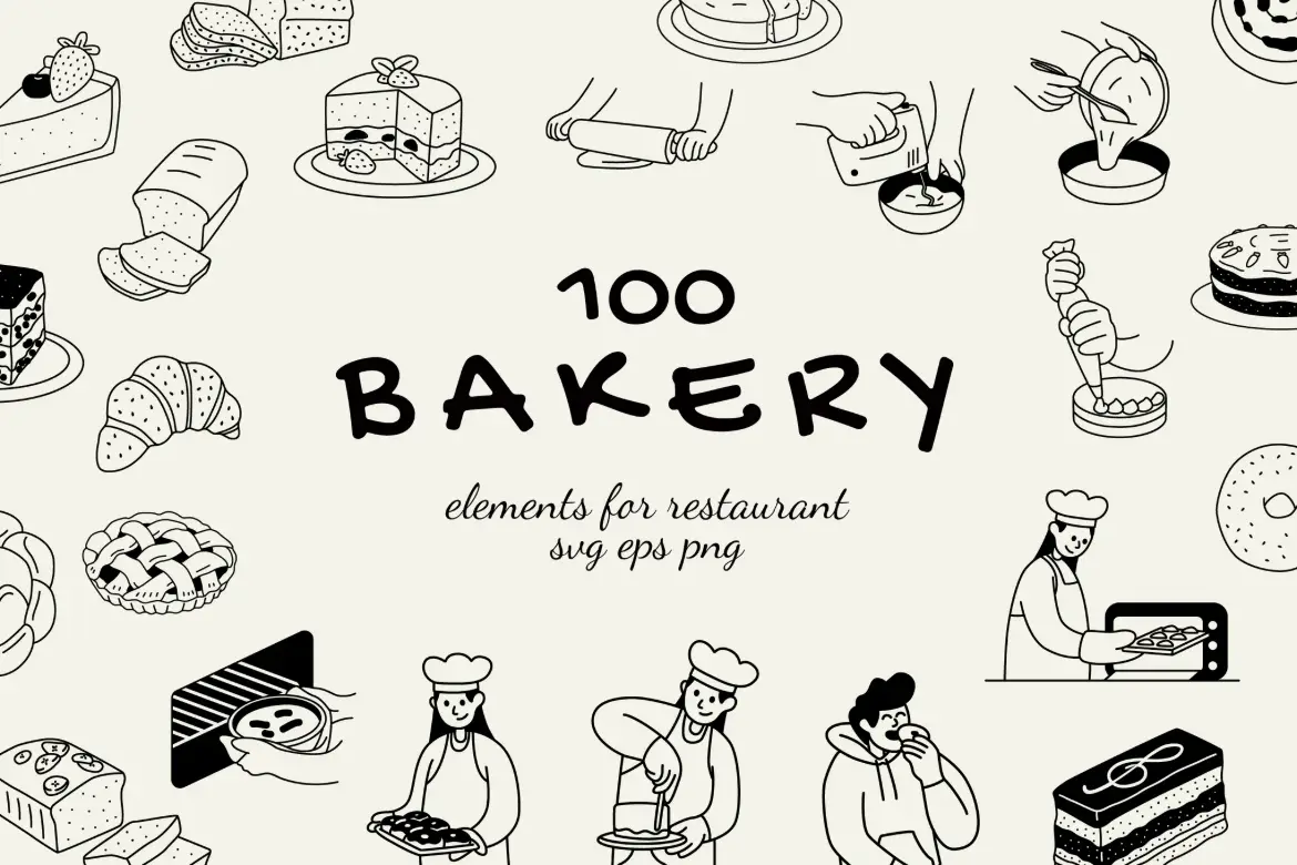 100个手绘烘焙主题元素矢量插图包 Handdrawn Bakery Elements Illustration Pack
