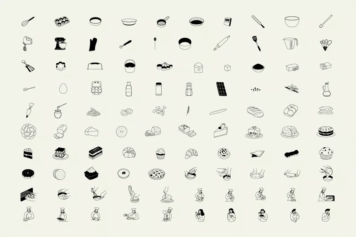 100个手绘烘焙主题元素矢量插图包 Handdrawn Bakery Elements Illustration Pack