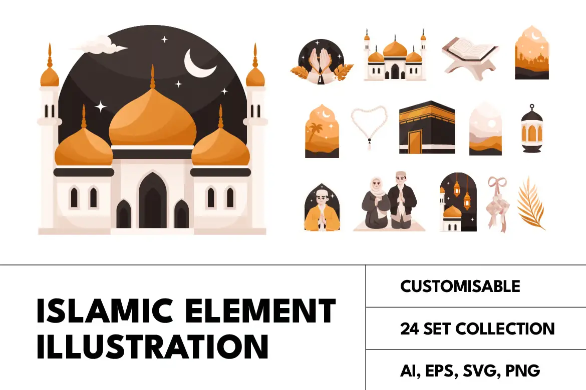 24个伊斯兰文化元素矢量插图集清真寺开斋节主题AI/EPS/SVG/PNG设计素材