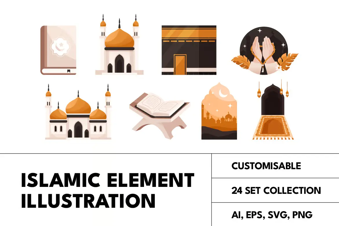 24个伊斯兰文化元素矢量插图集清真寺开斋节主题AI/EPS/SVG/PNG设计素材