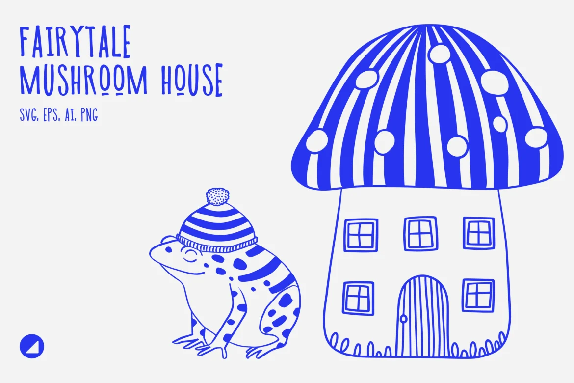 童话蘑菇屋手绘线稿插图蓝白配色青蛙小屋AI/EPS/SVG/PNG儿童绘本素材