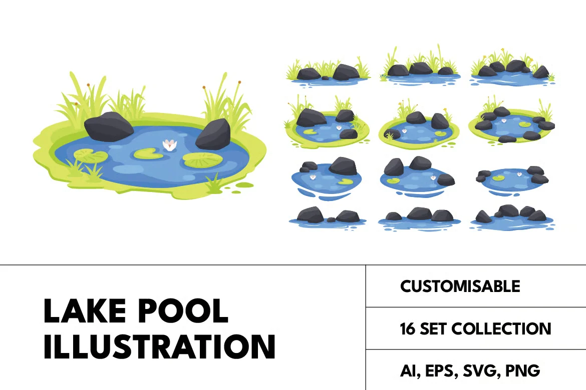 16套湖泊池塘自然场景矢量插图集AI/EPS/SVG/PNG水系环境游戏设计素材