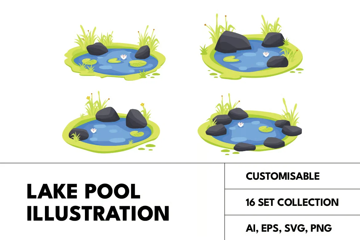 16套湖泊池塘自然场景矢量插图集AI/EPS/SVG/PNG水系环境游戏设计素材