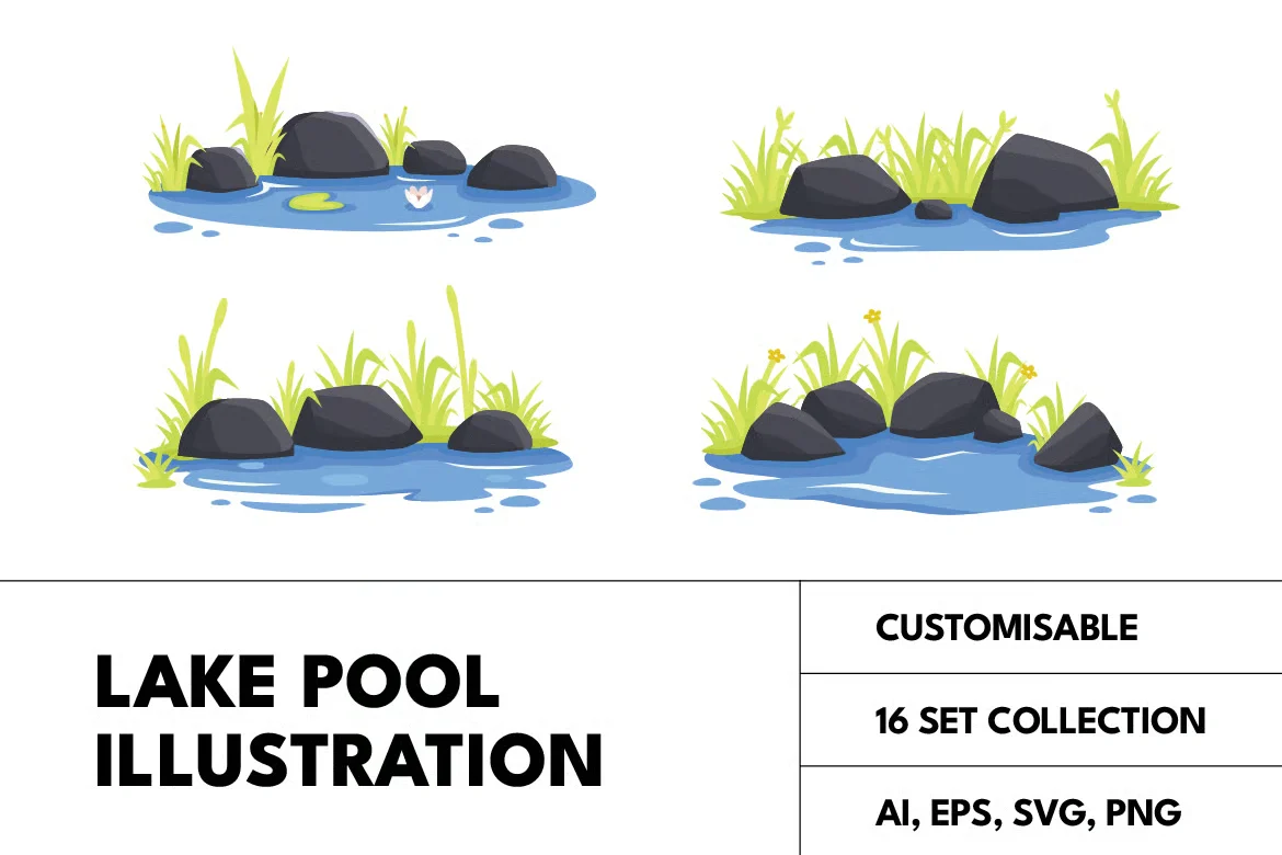 16套湖泊池塘自然场景矢量插图集AI/EPS/SVG/PNG水系环境游戏设计素材