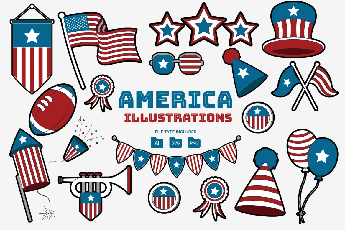 地标文化主题矢量插图集AI/SVG素材自由女神像国旗图标设计