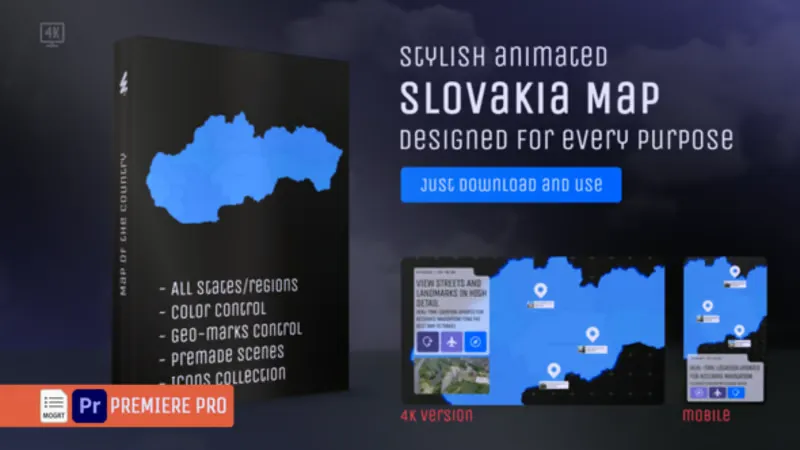 斯洛伐克地图动画Premiere Pro模板 Animated Slovakia Map with GPS Tracking