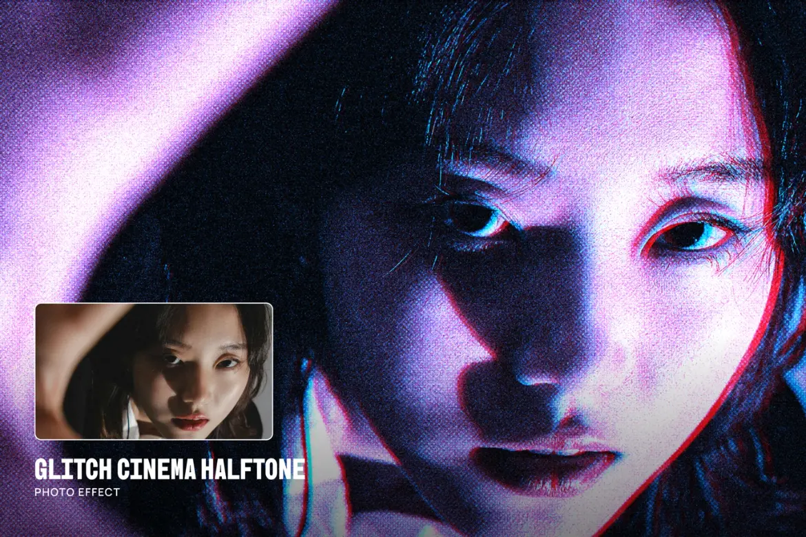 故障艺术电影半调照片特效PSD模板 Glitch Cinema Halftone Photo Effect