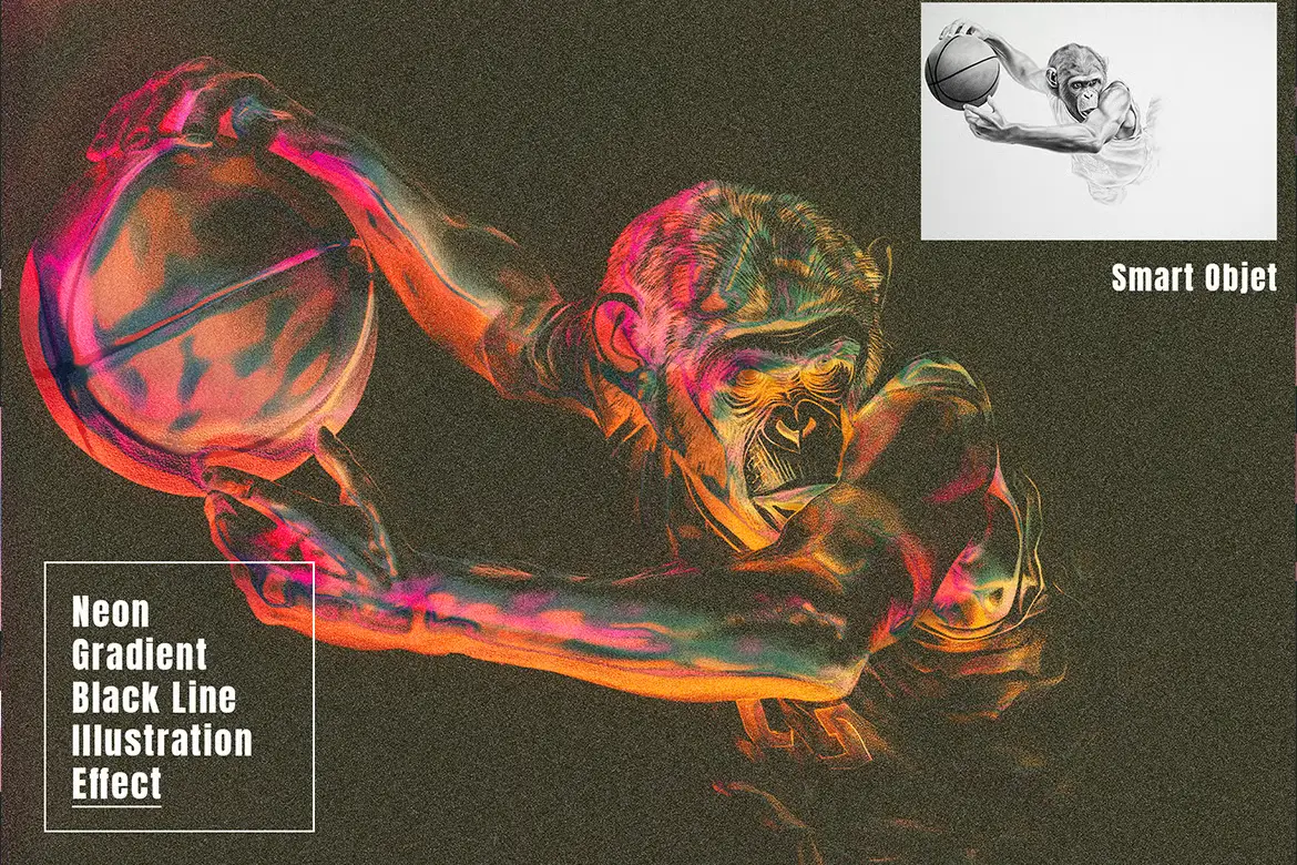 霓虹渐变黑线插画特效PSD模板 Neon Gradient Black Line Illustration Effect