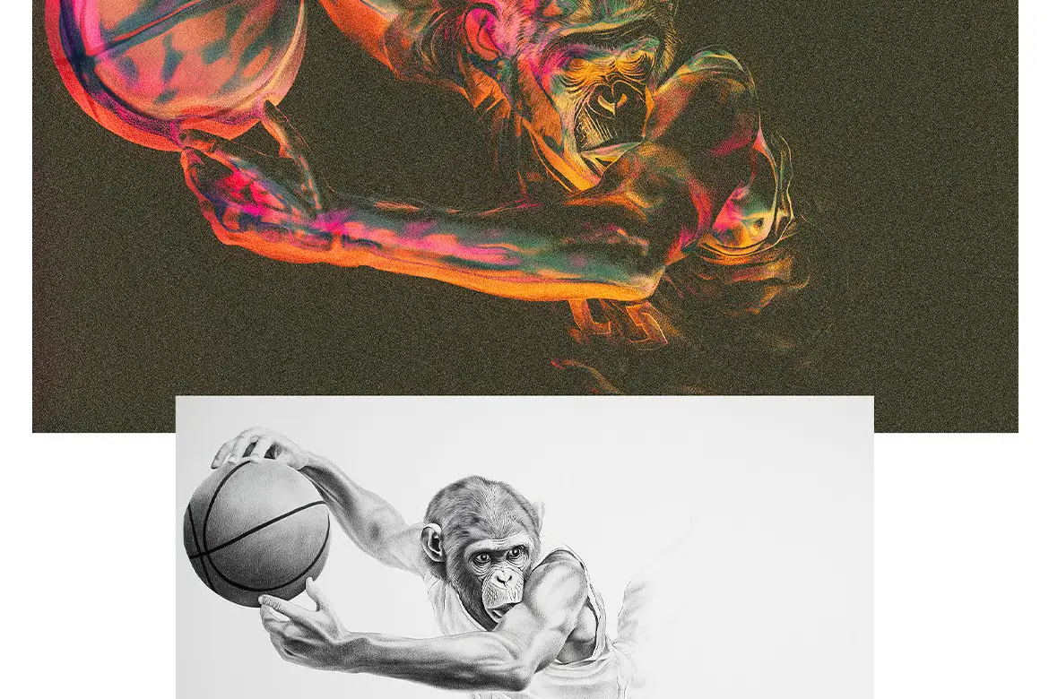 霓虹渐变黑线插画特效PSD模板 Neon Gradient Black Line Illustration Effect