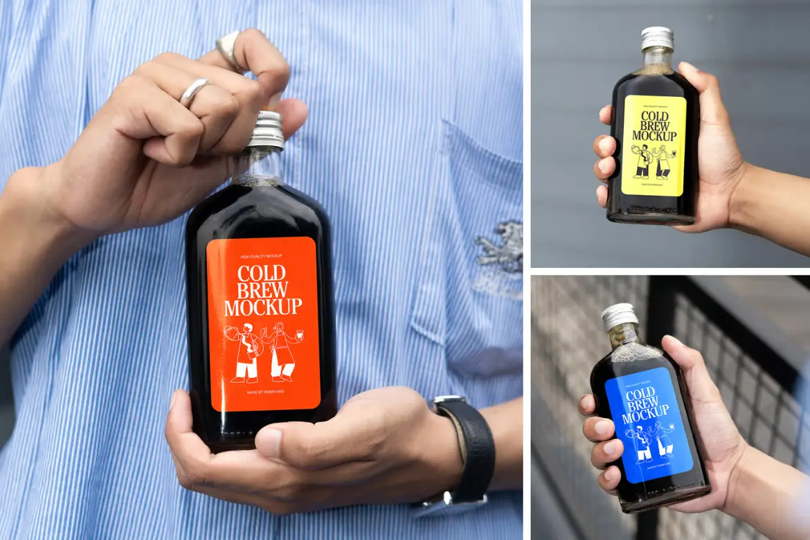冷萃咖啡瓶样机PSD模板 Realistic Cold Brew Coffee Bottle Mockup