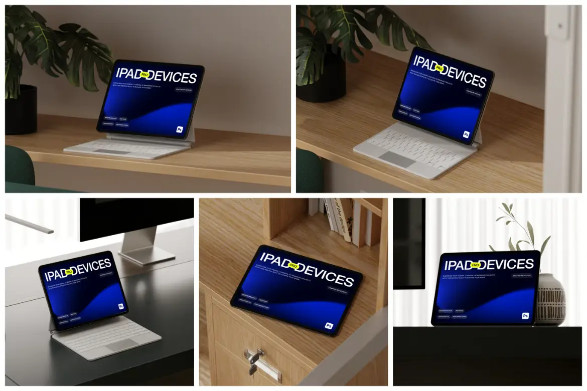 iPad Pro现代混合办公场景样机PSD模板 iPad Pro Mockup: Modern Hybrid Office Set