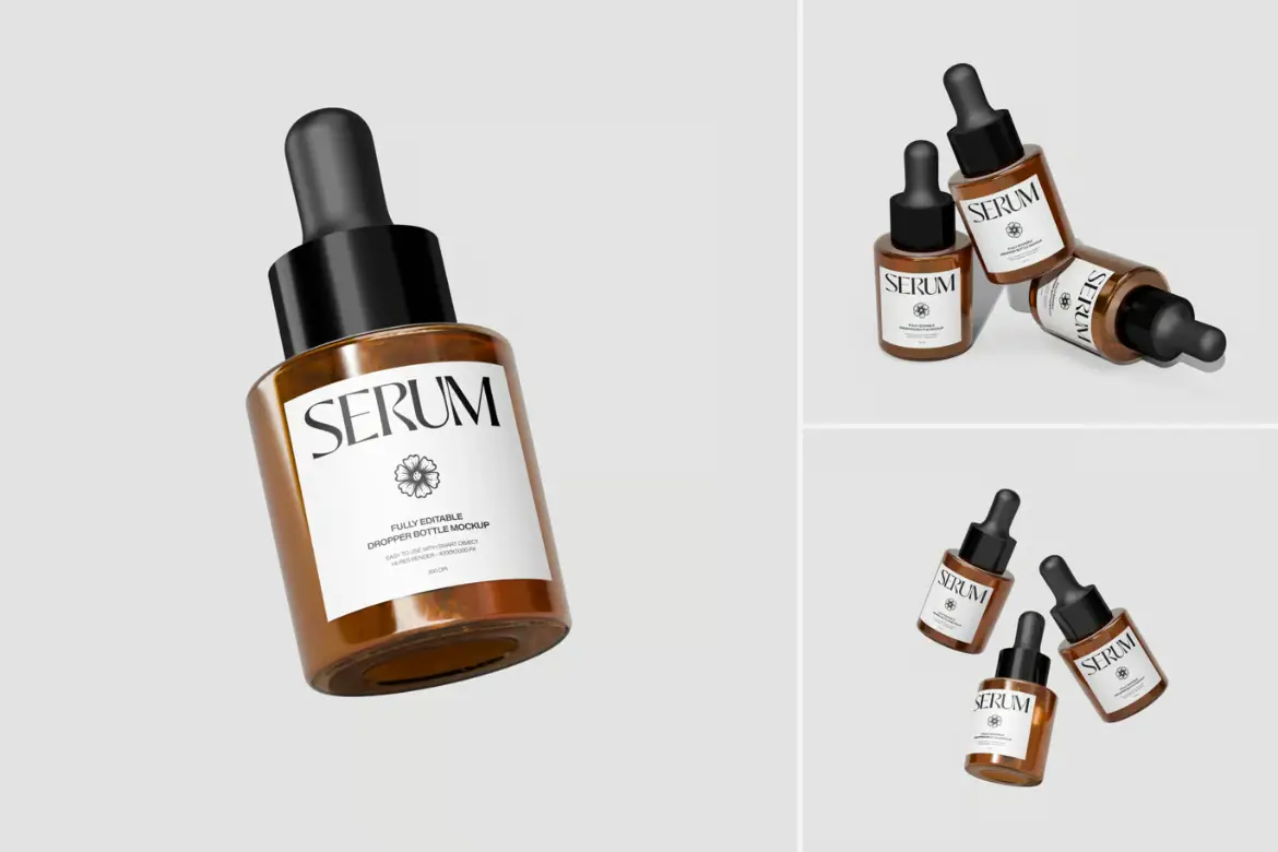 化妆品精华液滴管瓶样机PSD模板 Cosmetic Serum Dropper Bottle Mockup