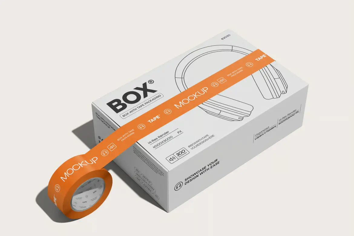 快递纸箱封箱胶带样机PSD模板 Shipping Delivery Box Tape Mockup