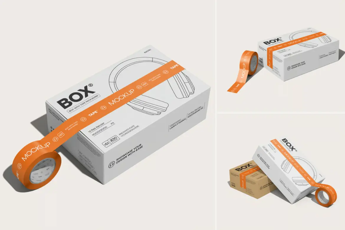 快递纸箱封箱胶带样机PSD模板 Shipping Delivery Box Tape Mockup