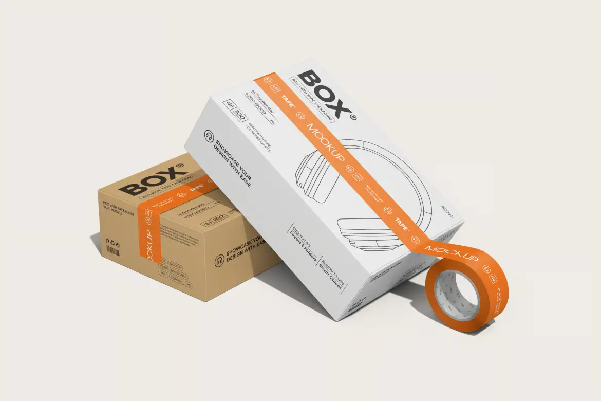 快递纸箱封箱胶带样机PSD模板 Shipping Delivery Box Tape Mockup