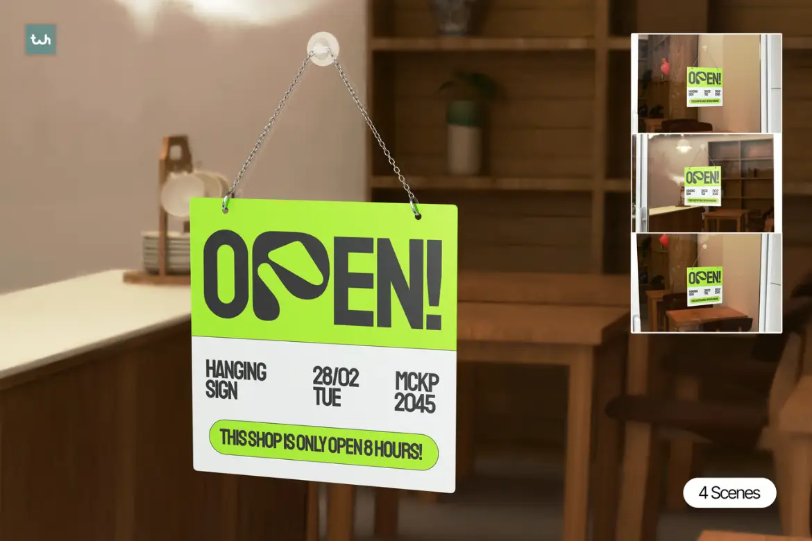 营业中悬挂招牌样机PSD模板 Open Hanging Sign Mockup 004