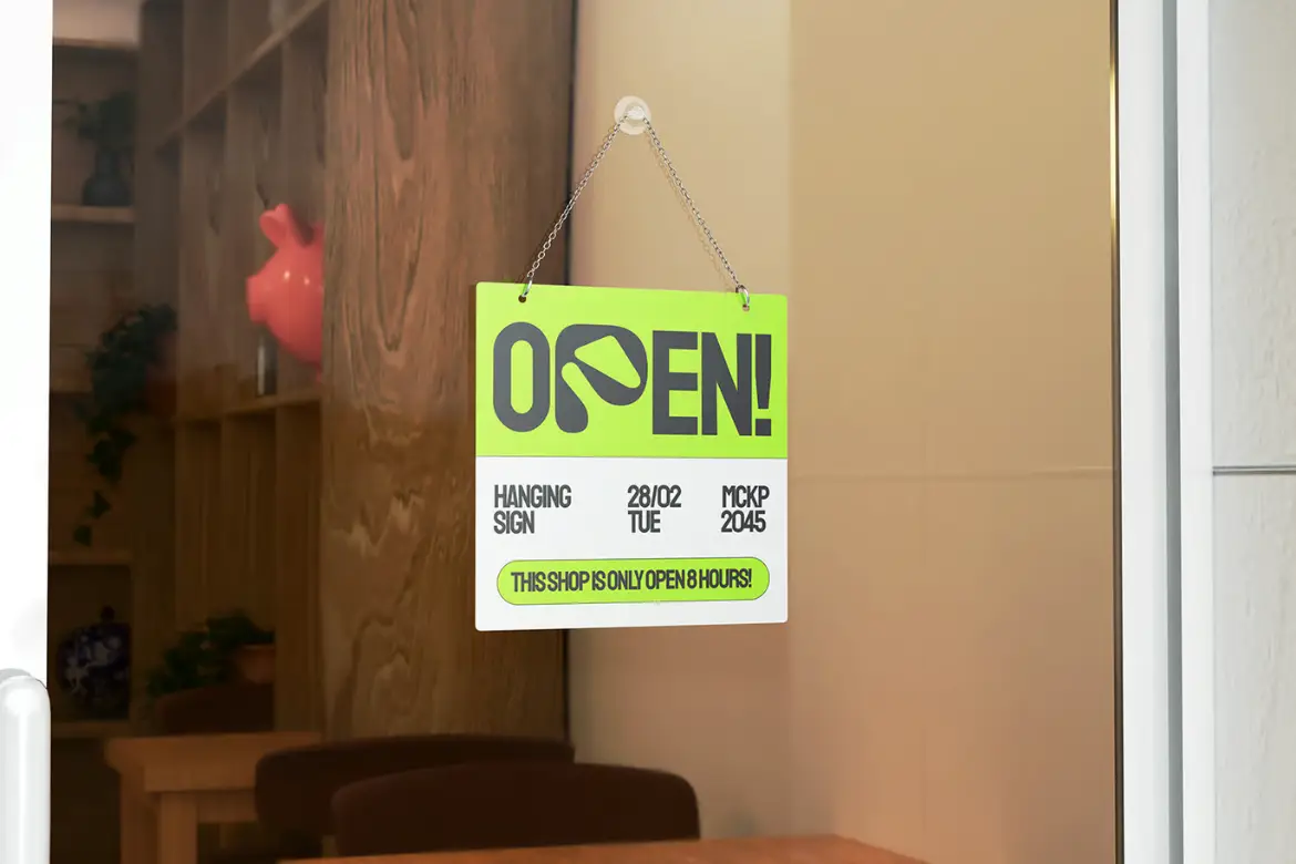 营业中悬挂招牌样机PSD模板 Open Hanging Sign Mockup 004