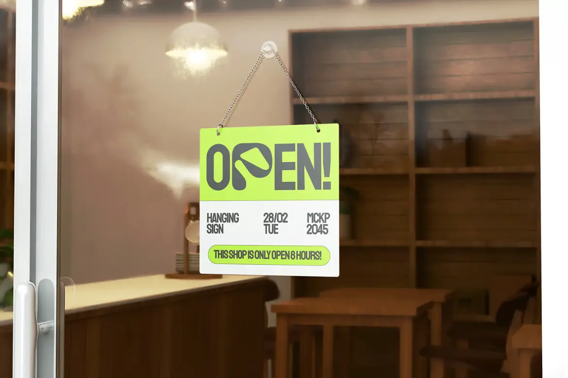 营业中悬挂招牌样机PSD模板 Open Hanging Sign Mockup 004