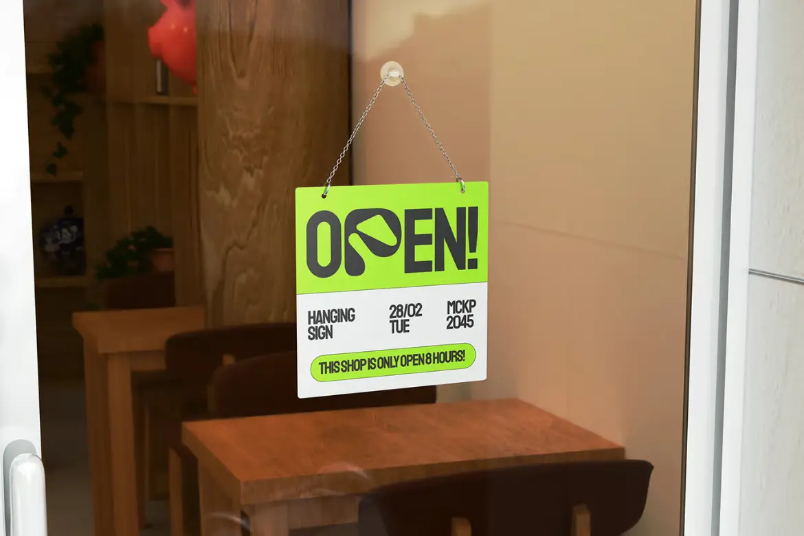 营业中悬挂招牌样机PSD模板 Open Hanging Sign Mockup 004
