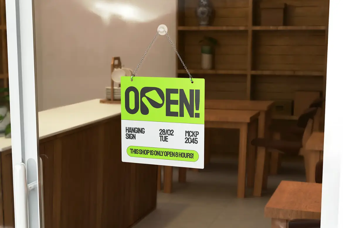 营业中悬挂招牌样机PSD模板 Open Hanging Sign Mockup 004