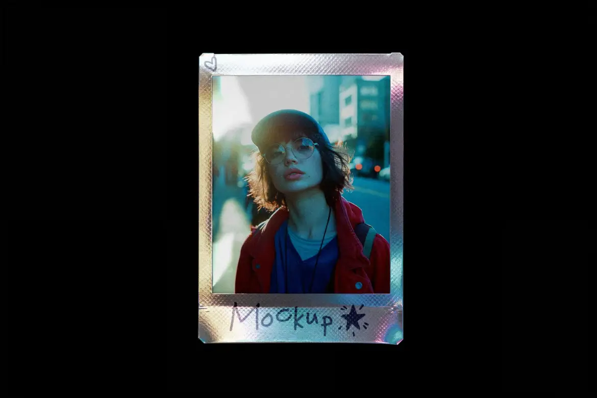 全息变色边框拍立得样机PSD模板 Polaroid Mockup with Holographic Frame