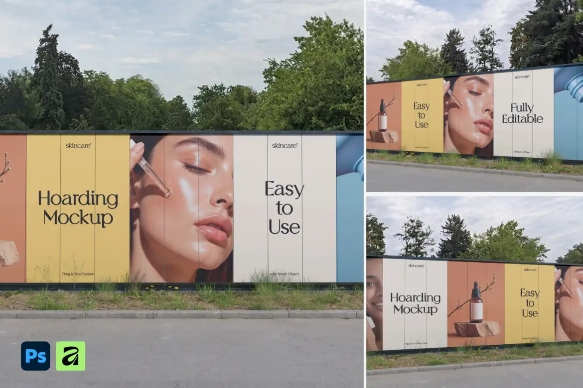 户外护肤品广告围挡样机PSD模板 Outdoor Skincare Advertising Hoarding Mockup