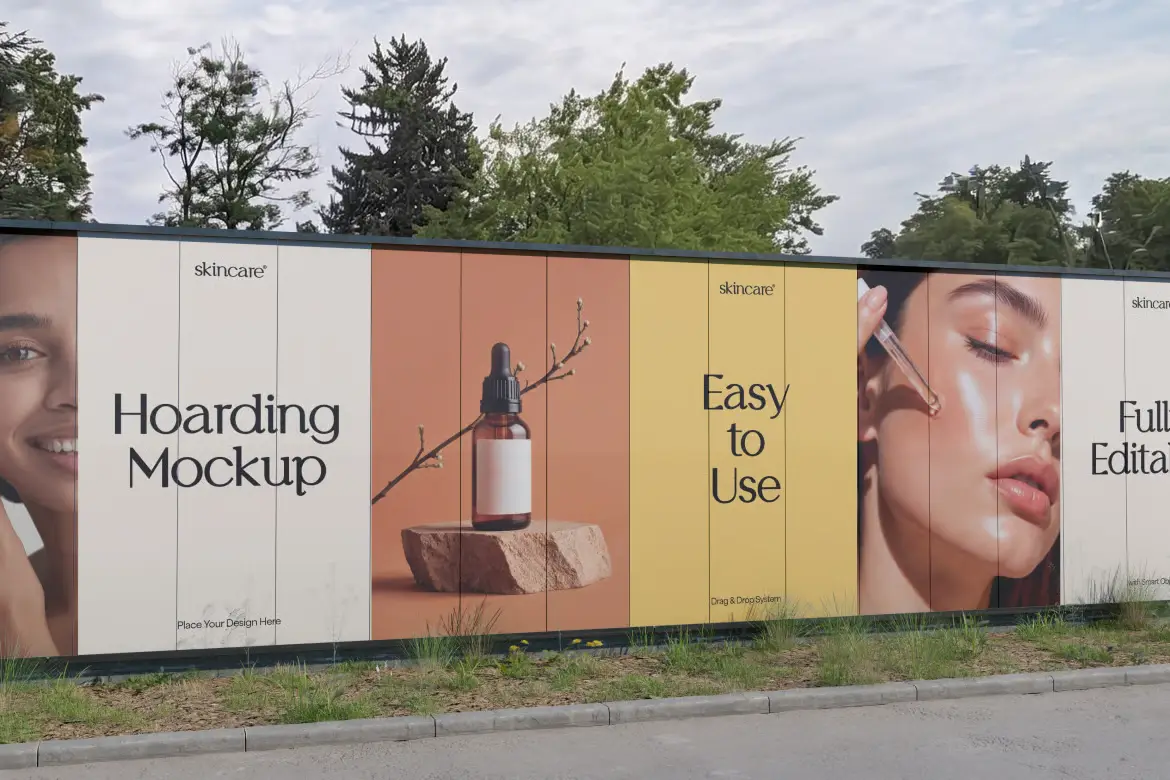 户外护肤品广告围挡样机PSD模板 Outdoor Skincare Advertising Hoarding Mockup