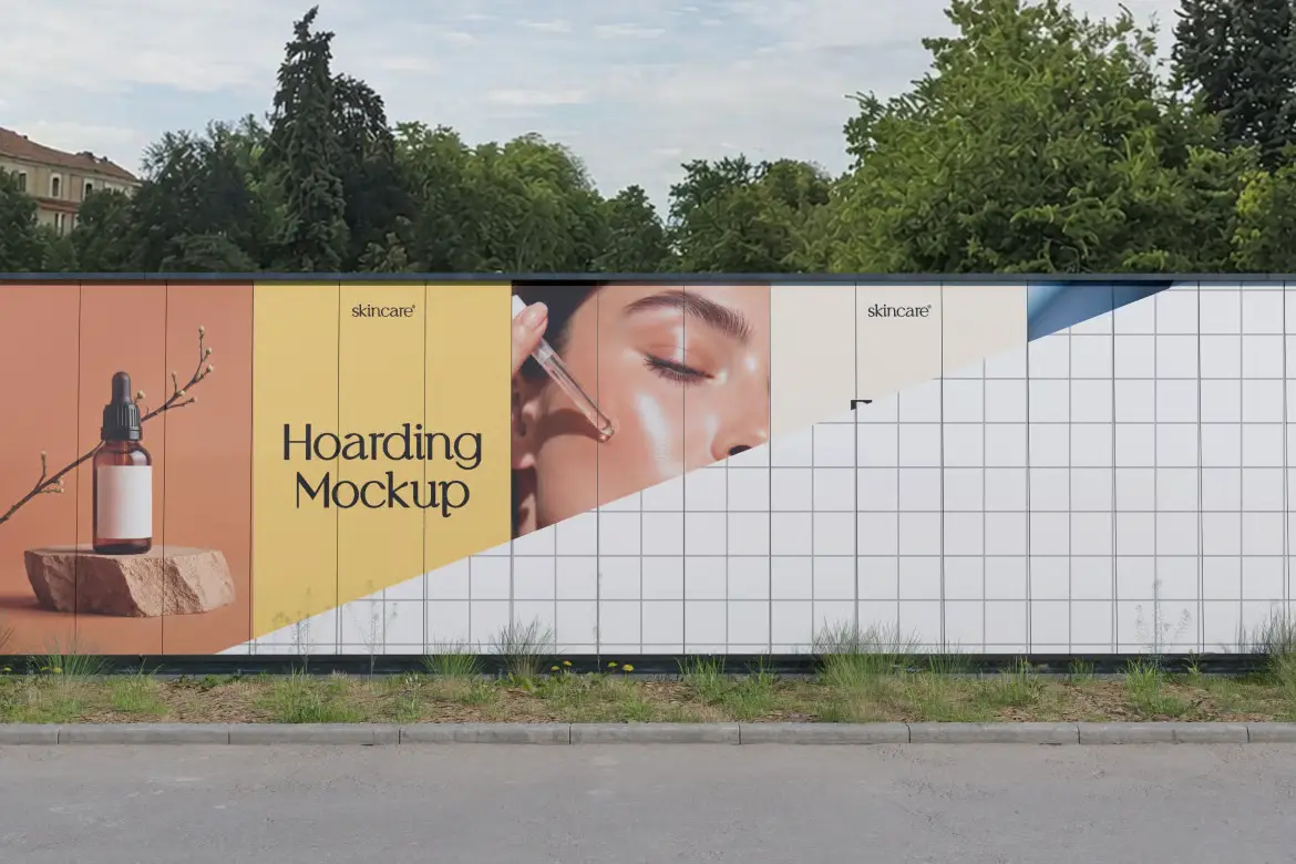 户外护肤品广告围挡样机PSD模板 Outdoor Skincare Advertising Hoarding Mockup
