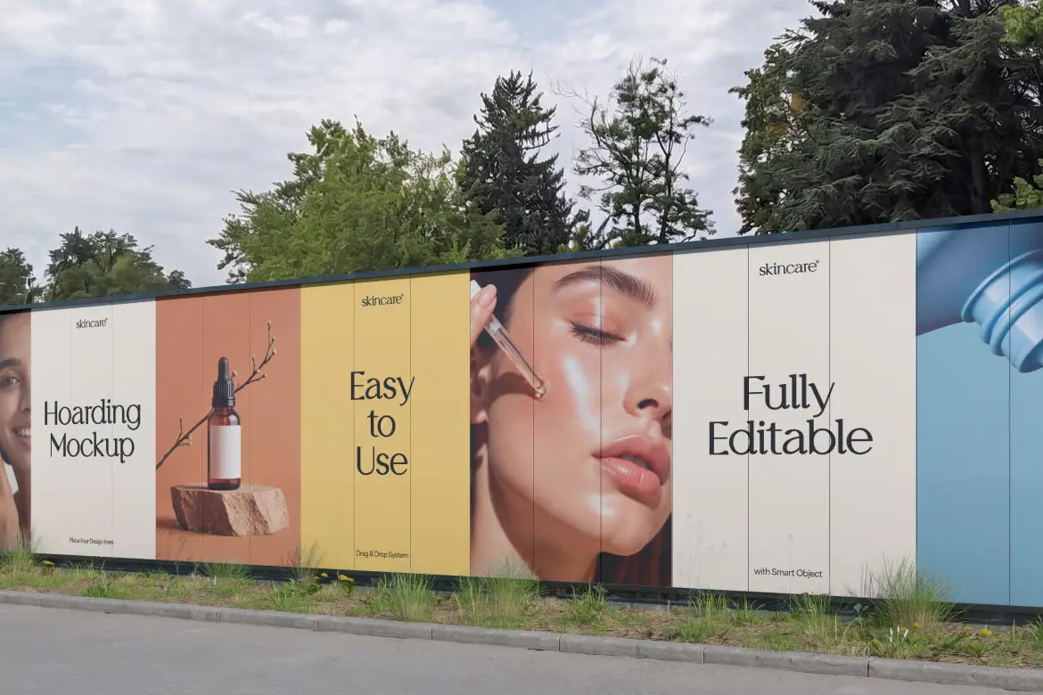 户外护肤品广告围挡样机PSD模板 Outdoor Skincare Advertising Hoarding Mockup