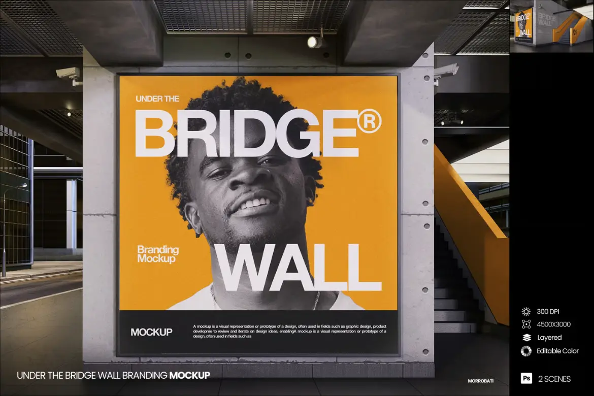 桥下墙面品牌样机PSD模板 Under The Bridge Wall Branding Mockup