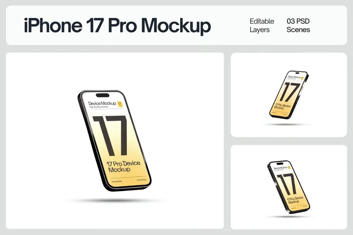 iPhone 17 Pro 智能手机屏幕样机套装 PSD 模板 iPhone 17 Pro Smartphone Screen Mockup Set