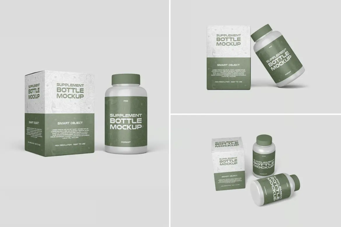 保健品瓶装与盒装样机PSD模板 Supplement Bottle With Box Mockup