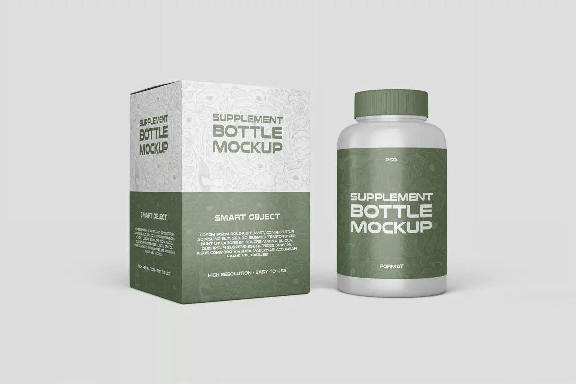 保健品瓶装与盒装样机PSD模板 Supplement Bottle With Box Mockup