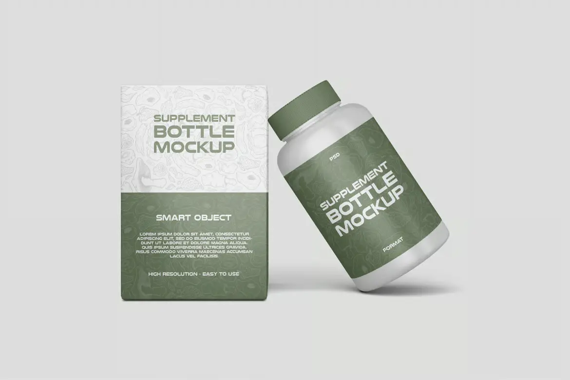 保健品瓶装与盒装样机PSD模板 Supplement Bottle With Box Mockup