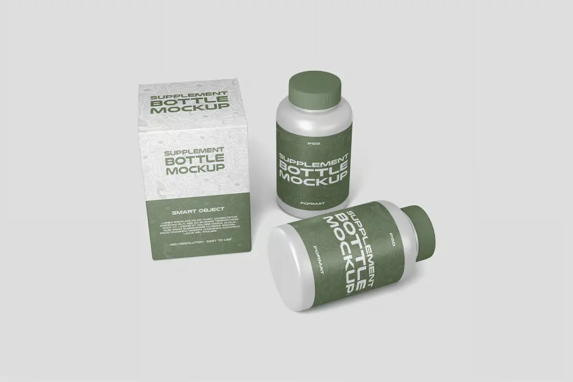 保健品瓶装与盒装样机PSD模板 Supplement Bottle With Box Mockup