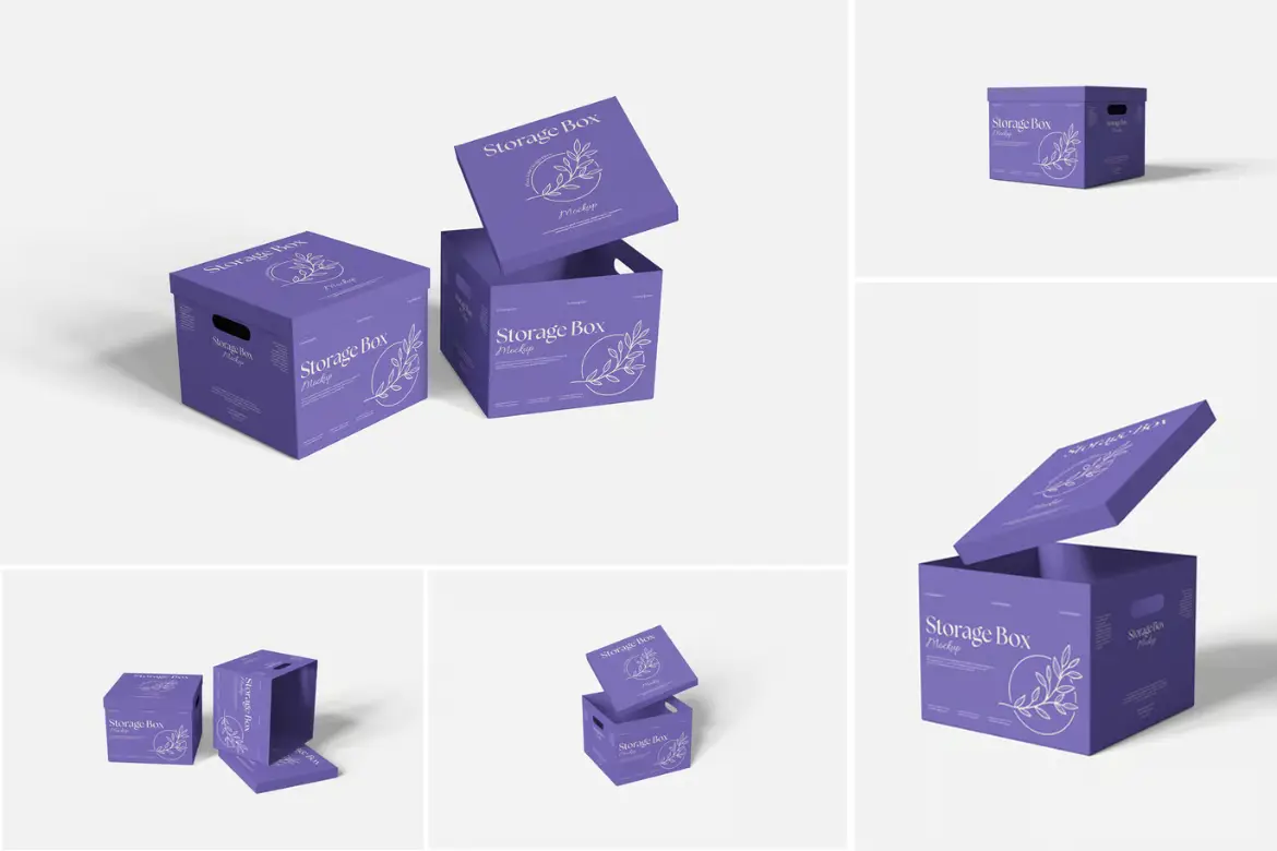 储物盒包装样机PSD模板 Storage Box Mockup Set for Packaging and Branding
