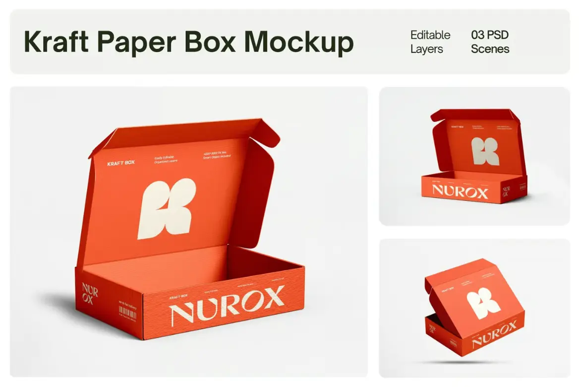 牛皮纸邮寄盒品牌样机PSD模板 Kraft Paper Mailing Box Branding Mockup Set