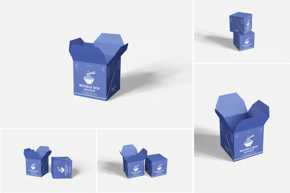 面条外卖盒样机PSD模板 Noodle Box Mockup Set for Food Packaging