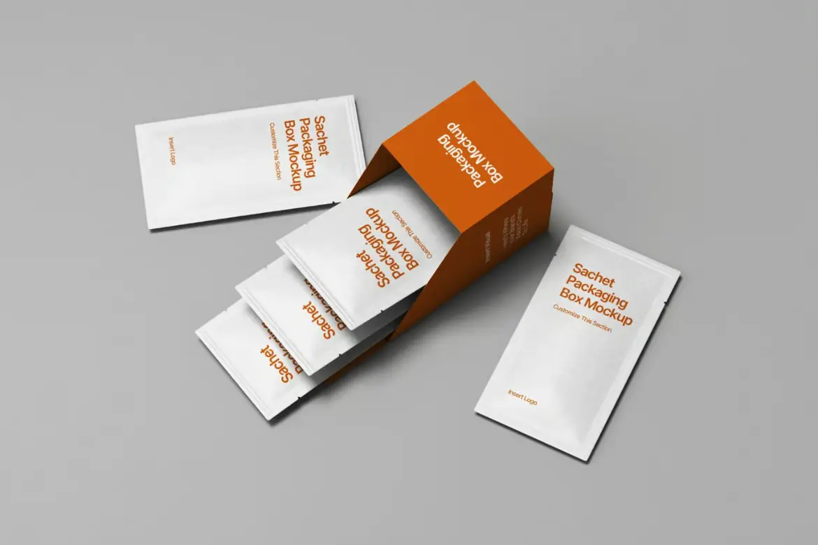 小袋包装盒样机PSD模板 Sachet Packaging Box Mockup