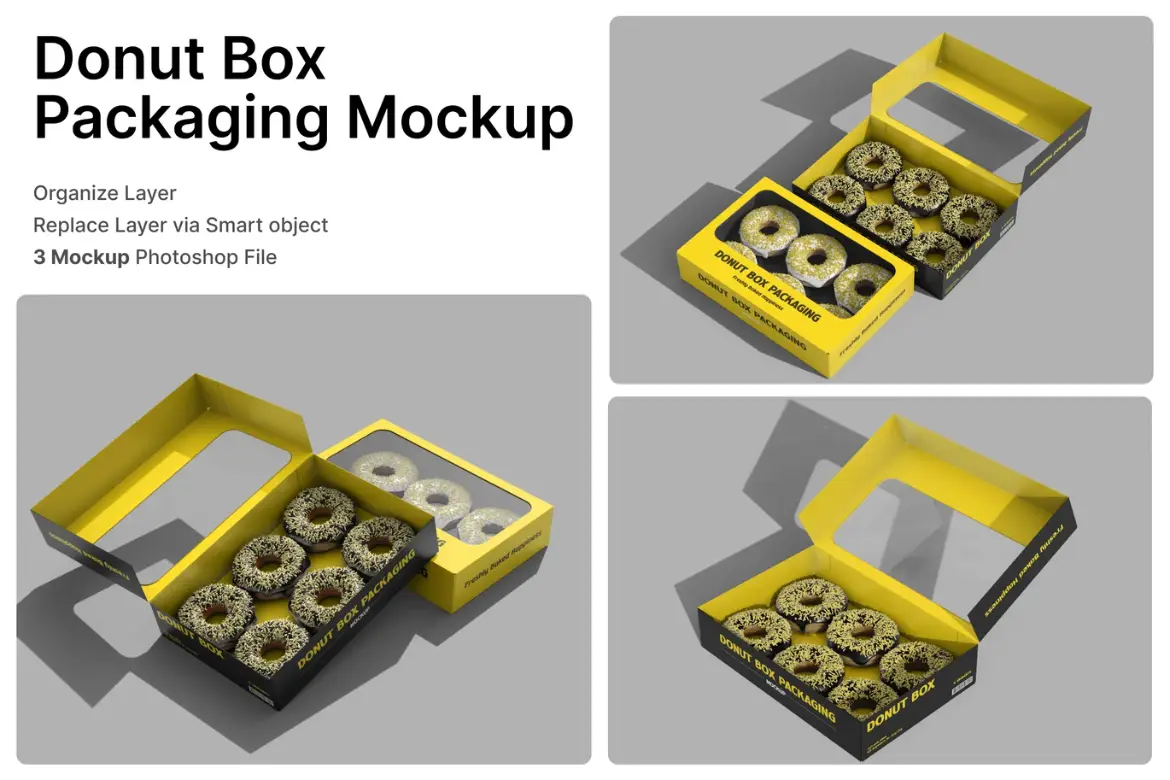 甜甜圈盒包装样机PSD模板 Donut Box Packaging Mockup