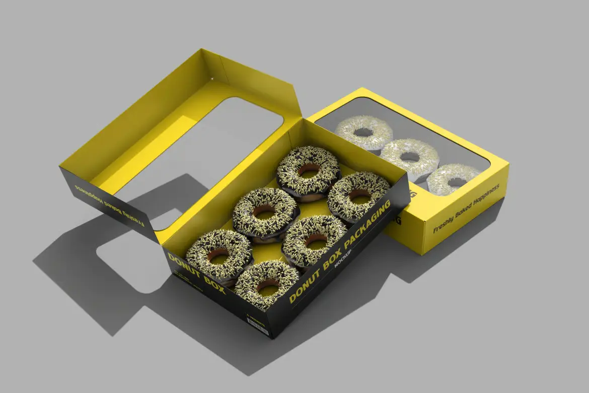 甜甜圈盒包装样机PSD模板 Donut Box Packaging Mockup