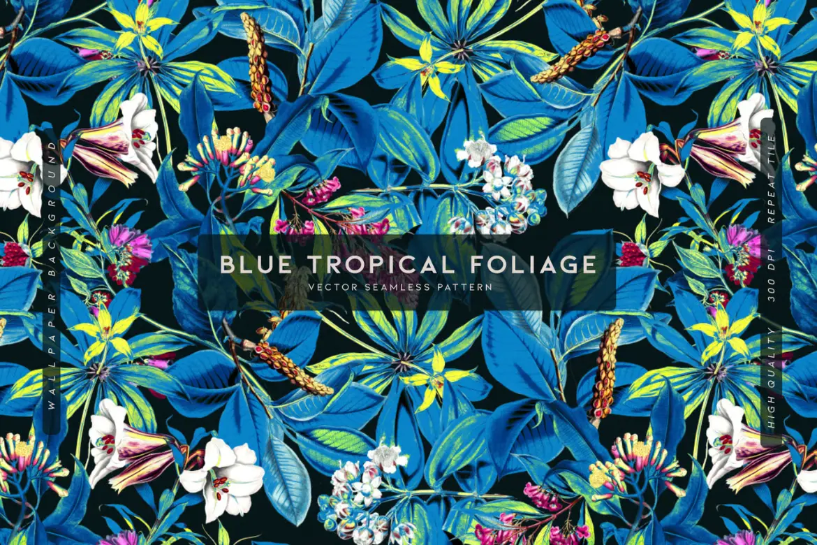 蓝色热带植物叶子图案素材 Blue Tropical Foliage