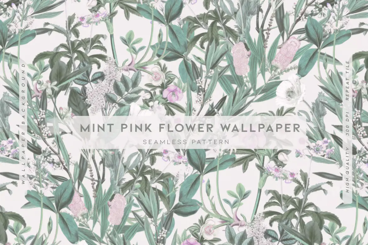 薄荷粉花卉墙纸无缝图案素材 Mint Pink Flower Wallpaper