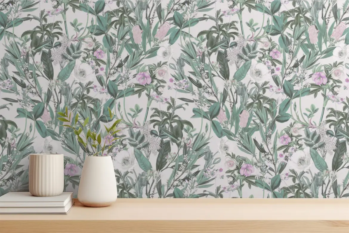 薄荷粉花卉墙纸无缝图案素材 Mint Pink Flower Wallpaper