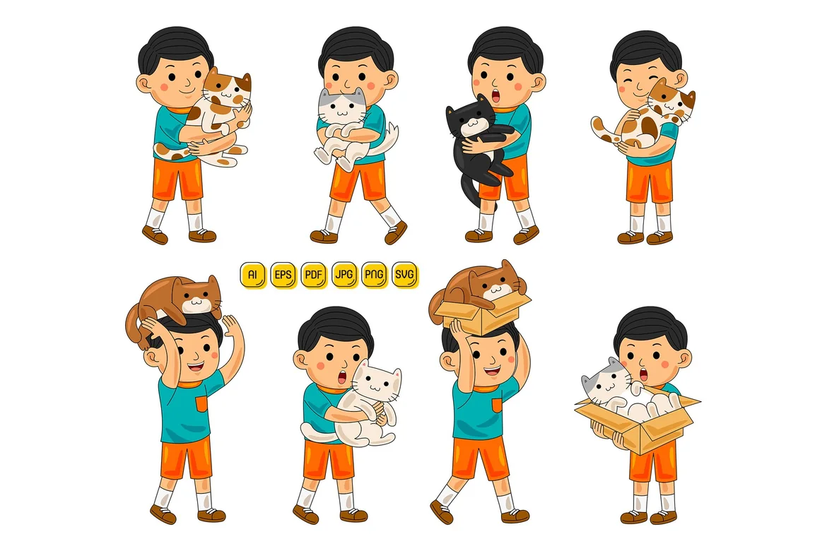 男孩抱猫矢量插画包素材