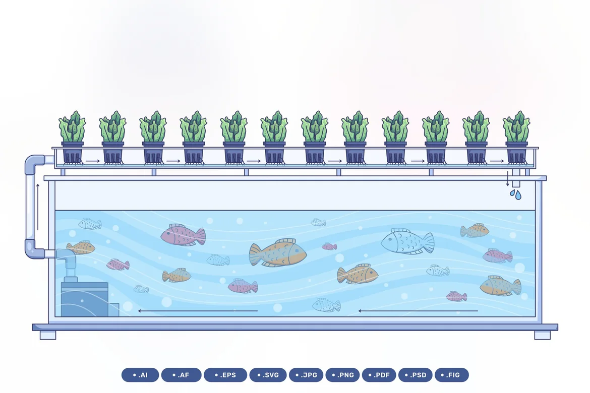 鱼类与种植植物的鱼菜共生系统素材